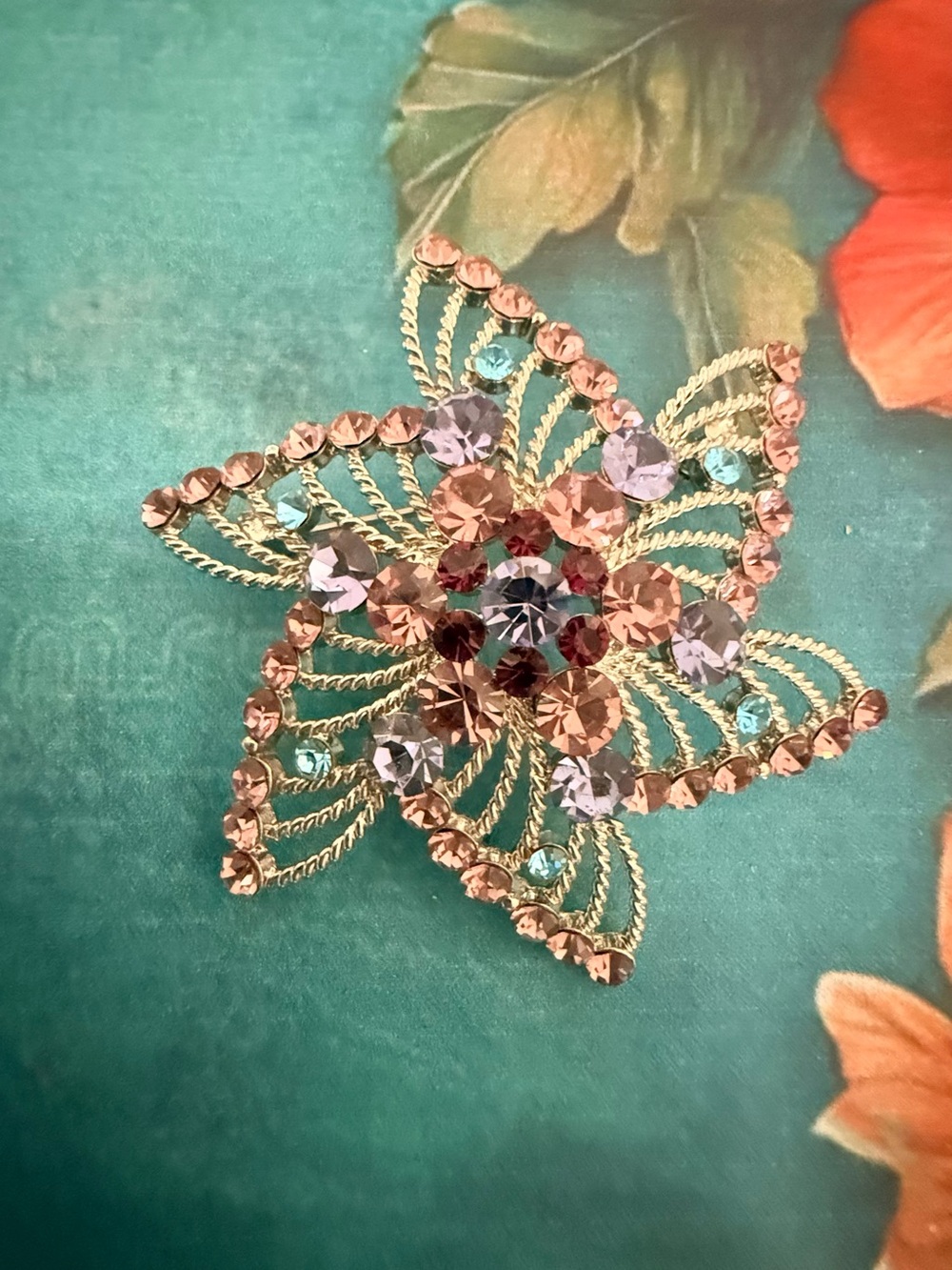Gold Floral Crystal Brooch - Pink and Blue Rhinestone Accent